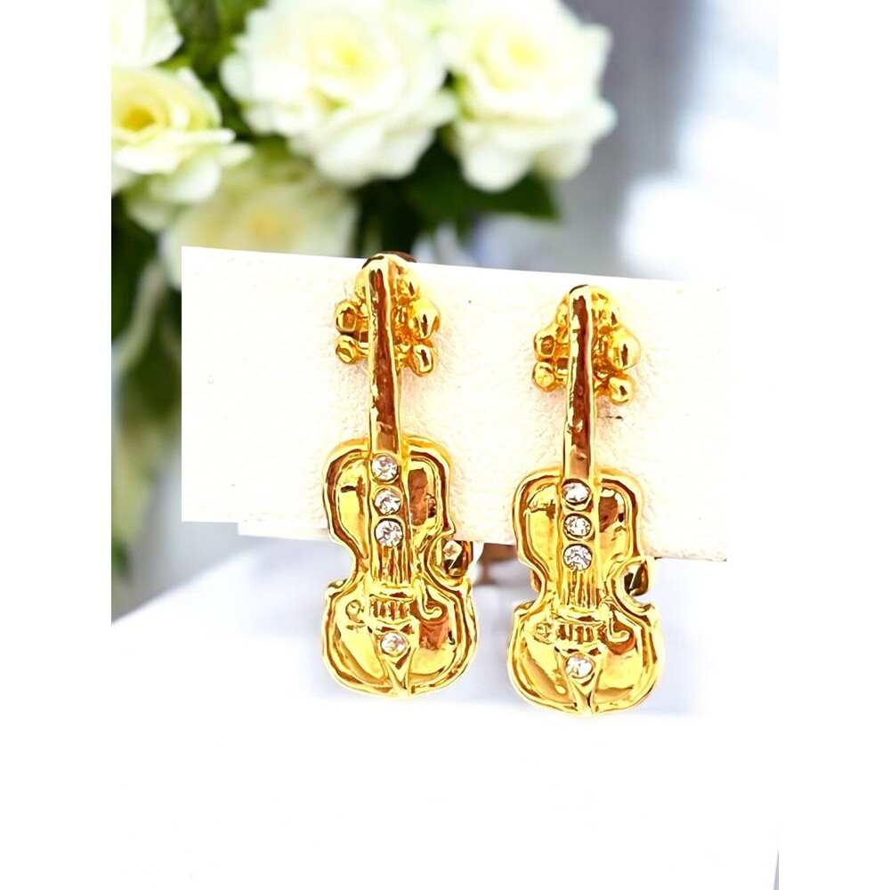 Vintage 1980s Violin Clip Earrings Rhinestone Gold Tone Figural - 9M